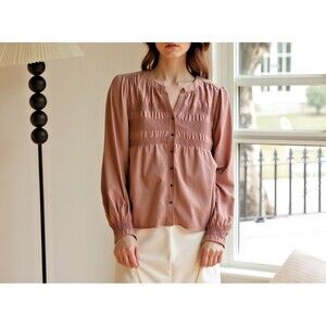 Knox Rose Women's M Peasant Blouse Pink Smocked V-Neck Top Boho Style